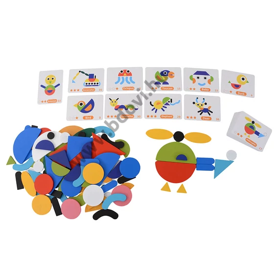 Fa Tangram játék mintákkal, állvány nélkül