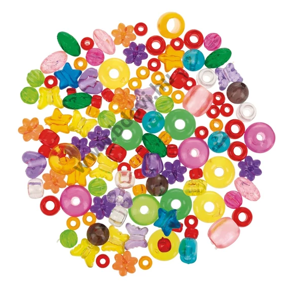 Műanyag gyöngykeverék - szív, csillag és gyűrű, áttetsző színes, kb. 5 - 15 mm, 2600 db