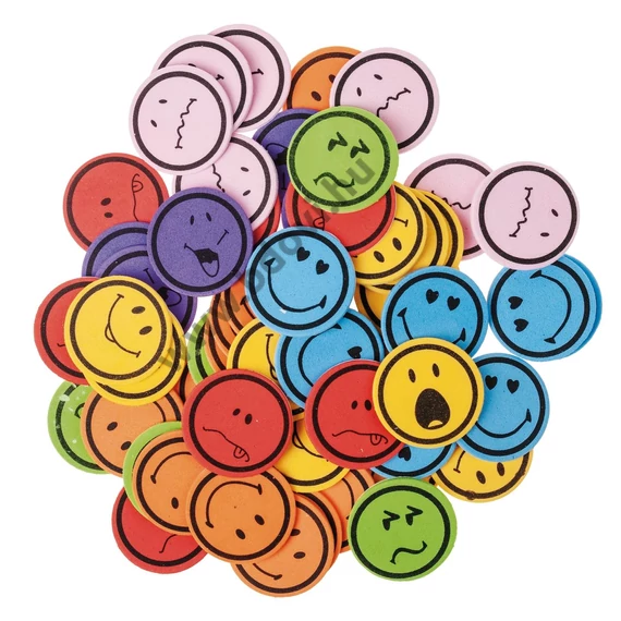 Dekorgumi smileys, kb.ø 35 mm, színes, 60 db