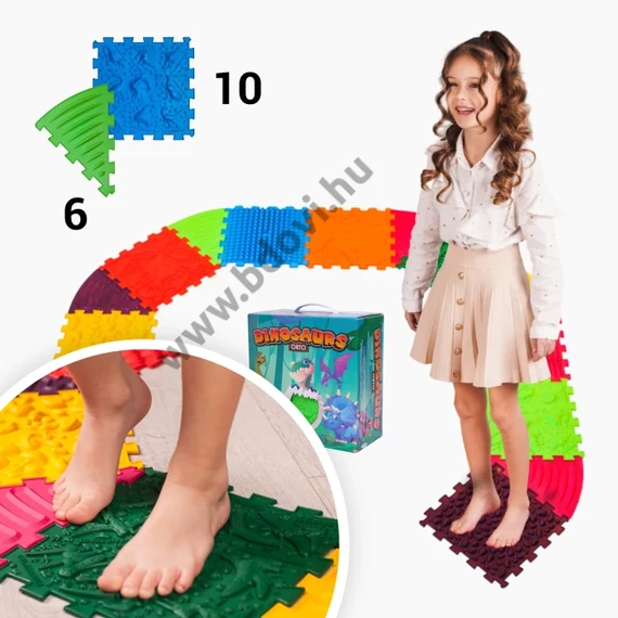 Dinoszauruszok Puzzle 10 elemből álló masszázs szőnyeg + 6 Háromszögű puzzle elem